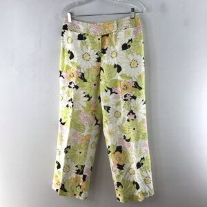 Talbots Retro Floral Print Wide Leg Crop Linen Pants Size 8